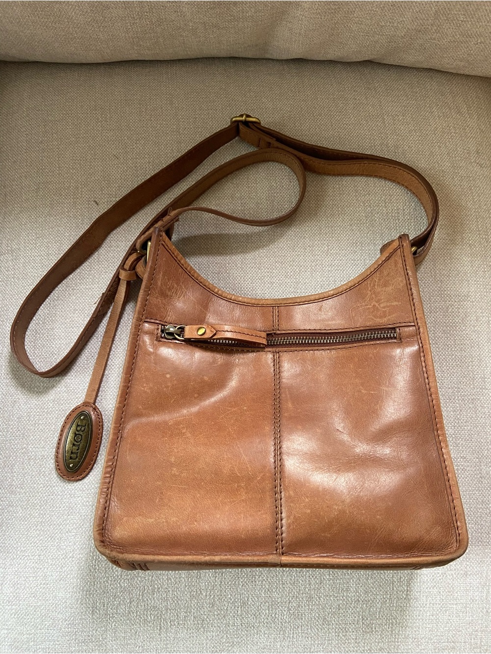 BORN Tan Leather Crossbody Distressed Hobo Bag - Picture 2 of 14